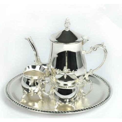 New arrival European style shiny silver finish coffee set, 1 set=1 plate+1 coffee pot+ 1 sugar jars, metal tea set/wine set