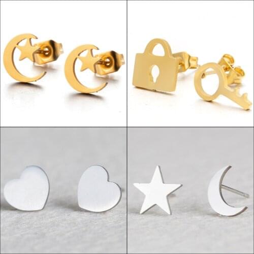 New Romantic Small Gold Silver Color Star Moon Lovely Heart Shape Stud Earrings Women Stainless Steel Ear Stud Girlfriend Gifts