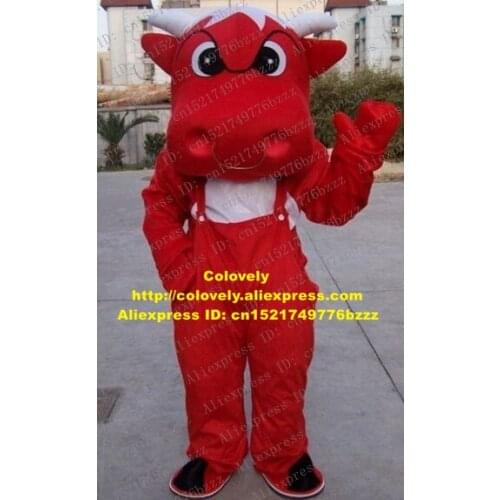 New Red Bull Wild Ox Mascot Costume Mascotte Cattle Buffalo Bison With Large Nose White Shirt Red Pants Adult No.2432 Free Ship