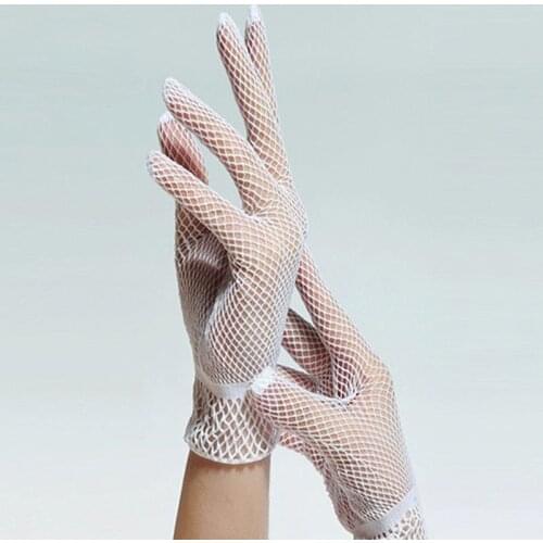 Women Bridal Sexy Hollow Out Fishnet Full Fingered Gloves Wrist Length Elastic Solid Color Sunscreen Mittens Wedding Party 2