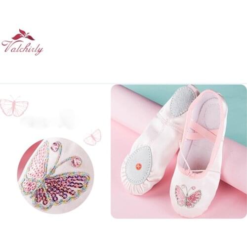 Pink Girls Ballet Dance Flat Shoes Satin Ballet Shoes Leather Sole with Sequins Glitter Butterfly for Kids