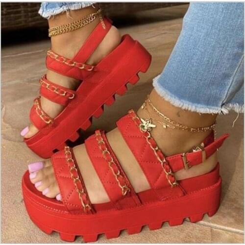 New Large Size Summer European and American Thick-soled Sandals Womens Metal Chain Womens Sandals with A Word Belt