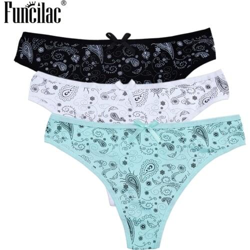 FUNCILAC Underwear Women Mysterious Print Thongs Sexy G-Strings Girls Ladies Panties Cotton New Art Pattern Intimates 3pcs/lot