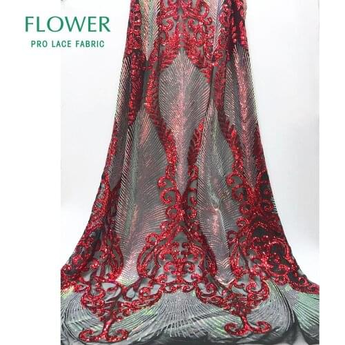 High Quality Red Sequined Tulle Lace Fabrics 2019 French Guinea Sequins Mesh Net Laces Evening Gown Dress Voile Sewing Material
