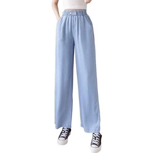 2021 summer wide-leg Tencel jeans womens high waist loose drape ice silk ultra-thin straight leg pants mopping trousers