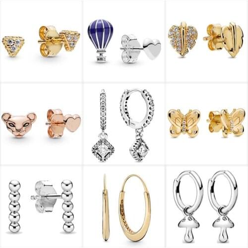 925 Sterling Silver Golden Shine Square Sparkle Hoop Air Balloon And Heart Cute Mushroom Fashion Earrings For Women Jewelry Gift