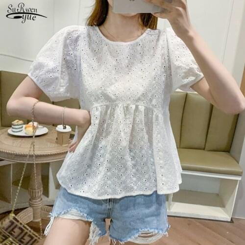 Summer 2021 Women Tops Korean Style Hollow Lace Blouse Femme Puff Short Sleeve Loose Stitching Ladies Women Shirts Blouses 15267