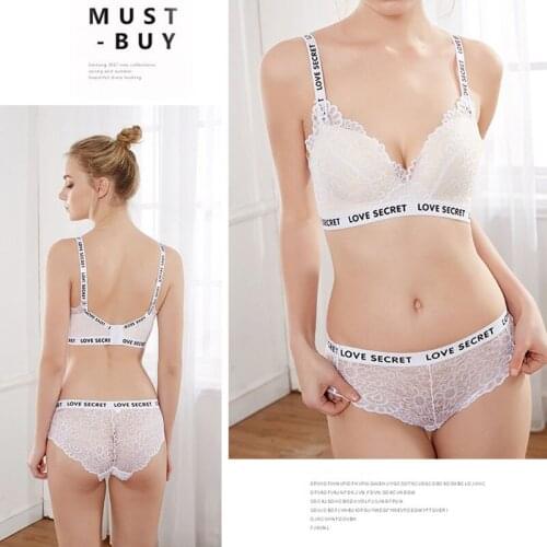 Letter Straps Lace Bras Underwear Set For Women Push Up Thicken 3/4 Cup Bralette Adjustment Gathered Underwear Set