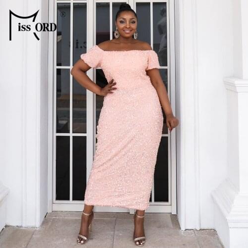 Missord 2021 Women Dresses Plus Size Summer Maxi Off Shoulder Sequins Puff Sleeve Bodycon Party Prom Elegant Pink Long Dress