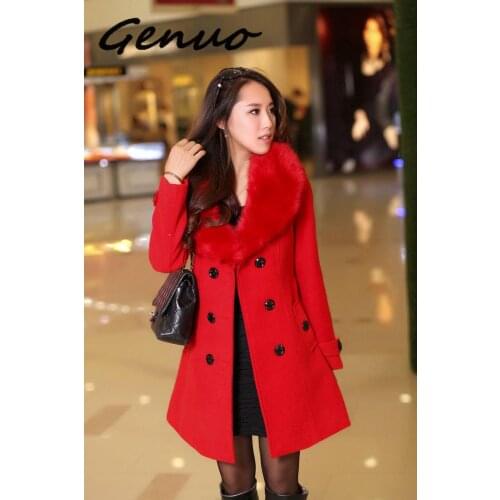 2019 Winter Women Large Collar Wool Overcoat Slim Casual Warm Pink Solid Color With Belt Double Breasted Sweet Female Coats