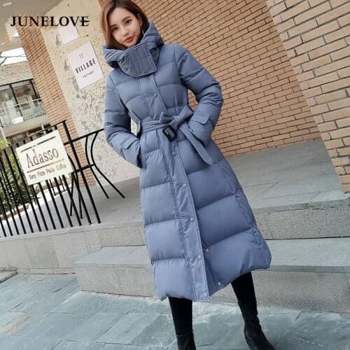 JuneLove Winter solid hooded women warm coat lady Thicken large size blue down coat vintage female white duck down coats outwear