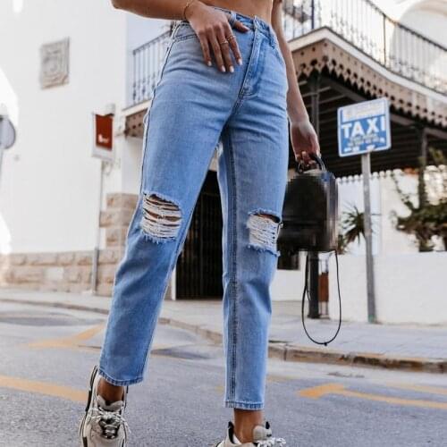 2021 Autumn Casual Jeans For Female Ripped Hole Washed Straight Leg Cowboy Pants High Waist Denim Trousers For Women Clothing
