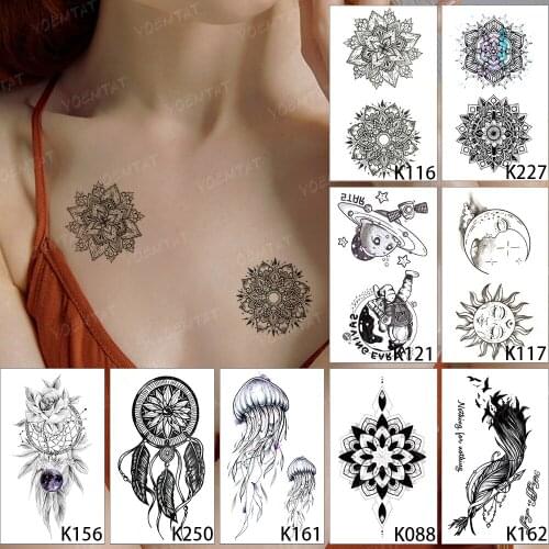 9pcs Waterproof Temporary Tattoo Sticker Henna Mandala Flower Feather Planet Sun Moon Black Tatoo Woman Kid Child Fake Tatto Man