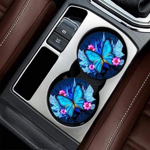 Car Accessories Coasters Deccals For Cup Holders Interior Decor, Blue Butterfly Flower Cute Absorbent Coaster For Women