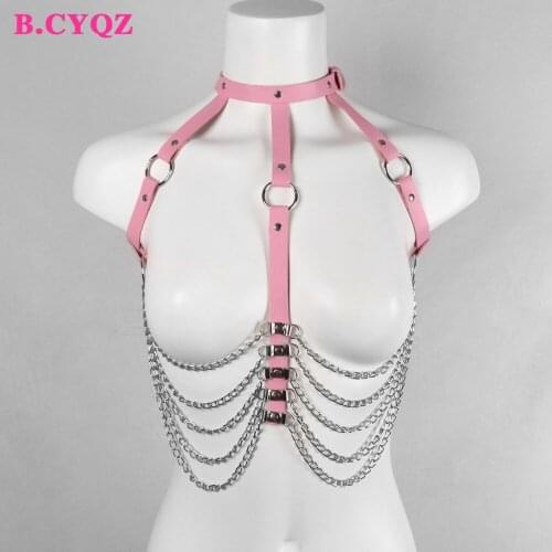 B.CYQZ Gothic Strap PU Leather Chest Harness for Women Adjustable Shoulder Strap Garter Belt Metal Chain Tassel Decoration 2021