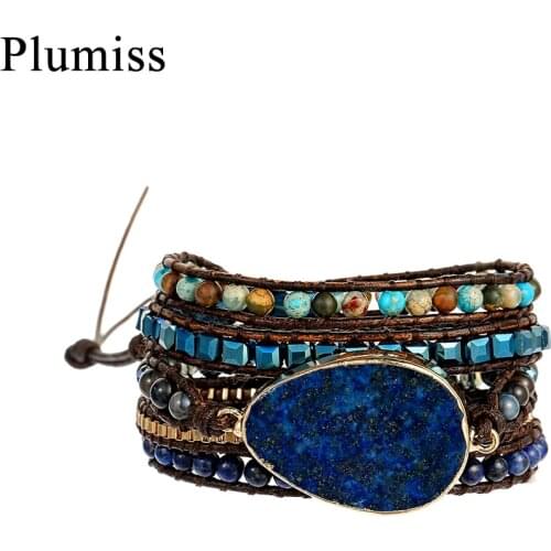 Teardrop Lapis Lazuli Leather Wrap Bracelets for Women Boho Crystal Natural Stone Beaded Bracelet with Stainless Steel Chain
