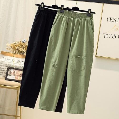 Summer Cotton Linen Harem Pants For Women High Waist Patchwork Vintage Buttons Ankle Length Pants Ladies Plus Size Casual Mujer