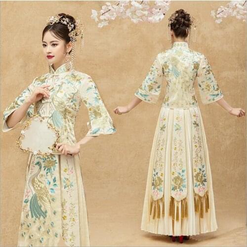Chinese Bride gown Robe ethnic kimono show Traditional Wedding Cheongam For Oversea Asian New Elegent champagne wedding Dress