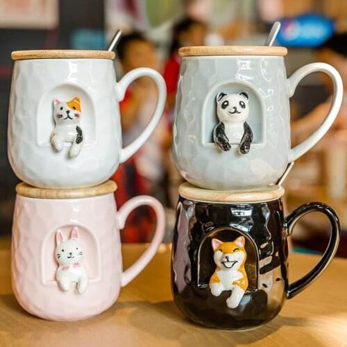 430mL Cute Animals Relief Mug With Lid and Metal Spoon Creative Shiba/Cat/Rabbit/Panda Coffee Milk Tea Juice Handle Ceramics Cup