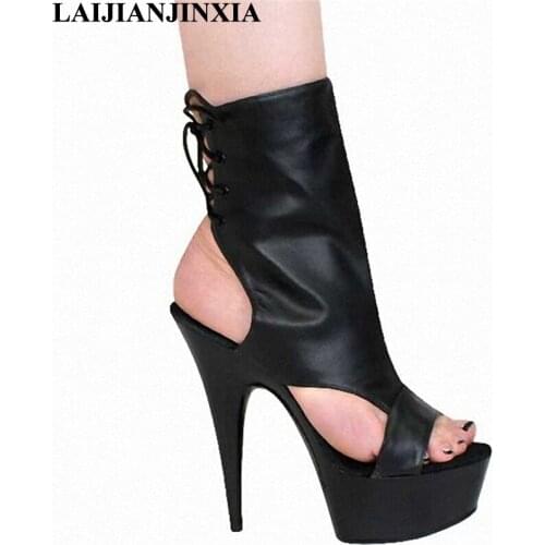 LAIJIANJINXIA New Lace Up Women Sexy 15cm High Heels Pole Dance Boots Night Club Party Platform Ankle Boots Dancing Shoes