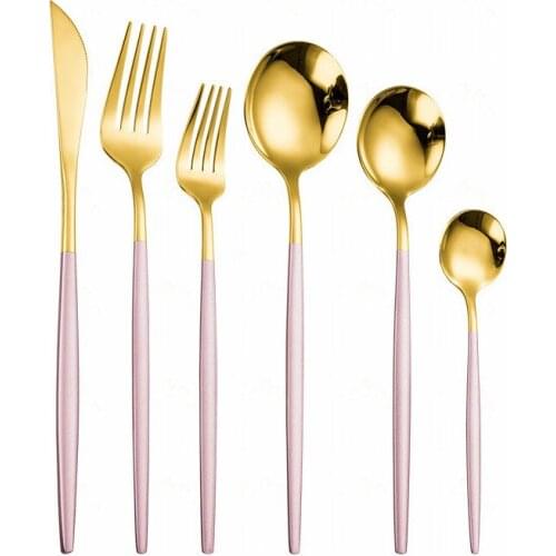 Tableware Sets Dining Knives Fork Spoon 6-Piece Flatware with Pink Handle Golden Dinnerware Set Gold Stainless Steel Cutlery Set