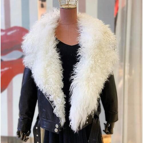 Mayloufer New Genuine Leather Jacket 100% Real Sheepskin Coat with Natural Beach Wool Fur Collar Locomotive Design Long sleeve