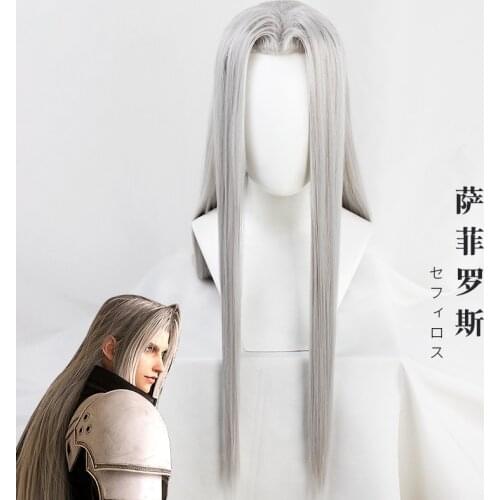 100cm Silver Long Sephiroth Wigs Heat Resistance Fiber Mens Game Synthetic Hair Cosplay Costume Wigs + Wig Cap