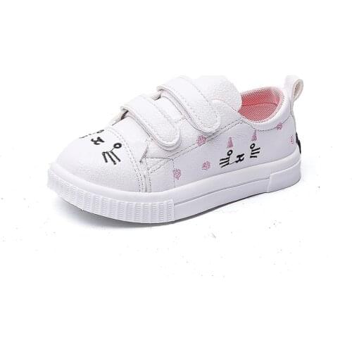 Canvas Girls Shoes Hook & Loop Casual Wild Cute Cat Non-slip Low-top Sports White Shoes Soft Bottom For Kids Girls Simple Shoes