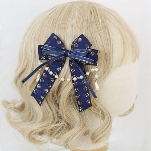 Princess Navy BLue Gold stamping Bowknot Chain Pendant Hairpin Lolita Girl bow HairClip B1616