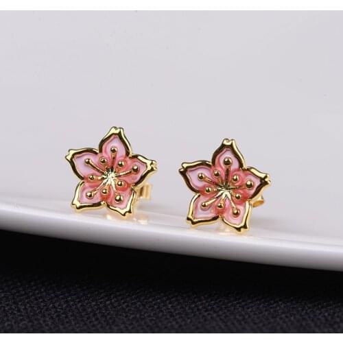 FNJ Cloisonne Flower Stud Earrings 925 Silver New Fine 100% Pure S925 Sterling Silver Earring for Women Jewelry
