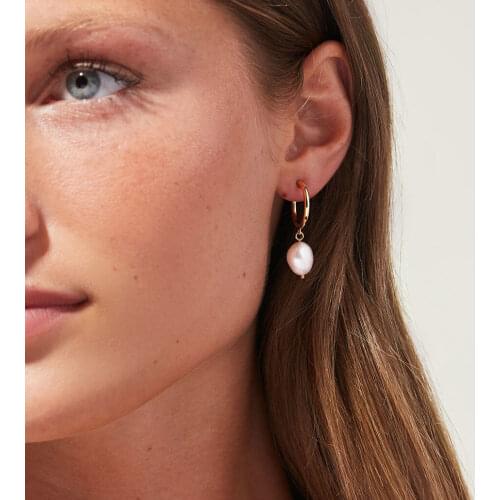 18k Gold Plated Stainless Steel CC Shape Freshwater Pearl Pendant Huggie Earrings For Women Waterproof Tarnish Free