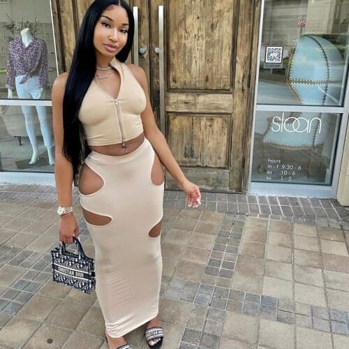 Sexy Two Piece Set Women Skirts Suits Crop Top Cut Out Bodycon Long Dress Sets for Women Summer Outfits Party Club Matching Sets