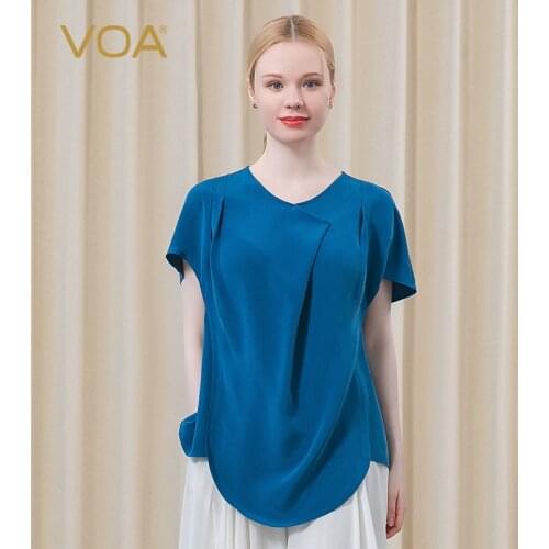VOA 30m/m Silk Alice Blue Solid Color V-neck Woman Tshirts BE597 Fold Asymmetric Short Sleeve Casual Shopping T-shirt Female