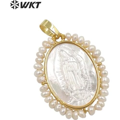 WT-JP255 WKT new hot populared handmade wire wrapped pearl charm Virgin Mary gold pendant Natural white shell Mary pendant