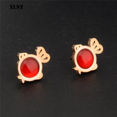 XLNT New Red Stone Stud Earrings For Women Fashion Rose Gold Color Crystal Brincos Accessories Ear Clip Jewelry