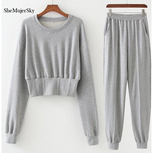 SheMujerSky Women Gray O-neck Long Sleeve Pullovers And Long Pants Matching Set 2021 Cropped Sweatshirt Running Pants 2 Pcs Set