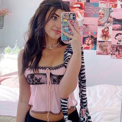 2021 Hip Hop Lace Pink Y2K Aesthetic 90s Sleeveless Crop Top Women Tie Up Frill Ruffles Cami Tops Tees Ladies Streetwear Summer