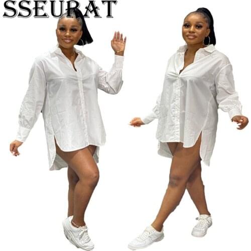 SSEURAT Women Long Sleeve Button Up Blouses Style Mini Dress Autumn Winter Side Slit Loose Dresses Vestidos