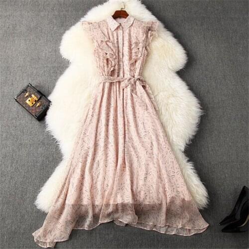 New 2020 Runway Designer Summer Women High Quality Elegant Butterfly Sleeves Lace Up Irregular Print Chiffon Dresses