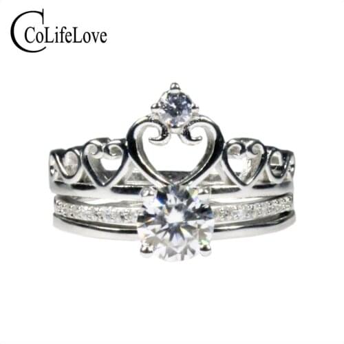 CoLife Jewelry Vintage Crown Ring with Moissanite 1ct Real Moissanite 925 Silver Ring Sterling Silver Moissanite Jewelry