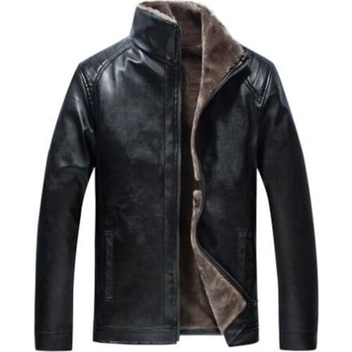 Winter plus velvet thicken thermal stand collar leather jacket men business casual straight mens coats jaqueta de couro brown