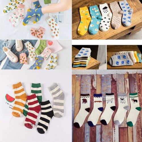 1Pair Casual Women Cotton Animal Friut/Stripe/Cartoon Socks Fashion Girl Non Slip Spring Autumn Winter Short Meias Female