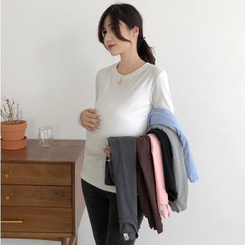 2020 Cotton Maternity Tees Long Sleeve O-neck Elastic Belly Tops for Pregnancy Women Pure Color Skinny T-shirt Spring Autumn