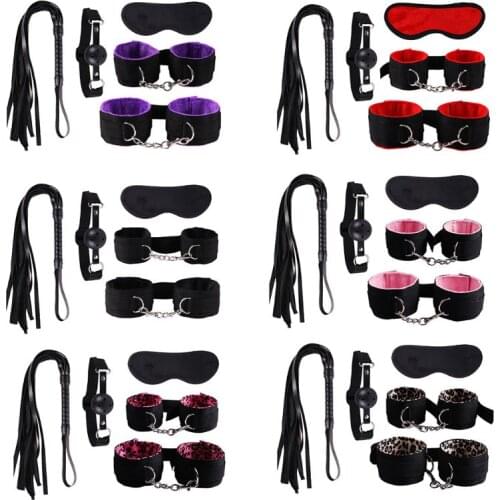 5Pcs Couples Erotic Accessories Handcuffs BDSM Bondage Set Adult Sex Toys Whip Blindfold Mouth Gag Ankle Cuffs Flirting