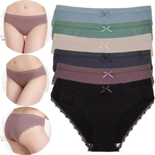 6 pcs / Set Seamless Cotton Panties For Women Underwear Solid Color Lace Briefs Sexy Lingerie Female Briefs Thongs Intimate