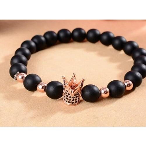 8mm ur3 gold silver crown Frosted agate Onyx nature black stone a micro pave cz zircon cubic zirconia Bracelet Reiki Chakra