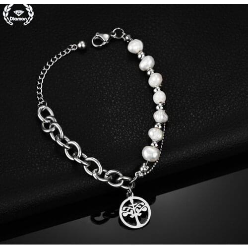 Diamon Charm Pearl LifeTree Bracelets for Women Adjustable Stainless Steel Men Bangle for Couple Birthday Christmas Jewelry Gift