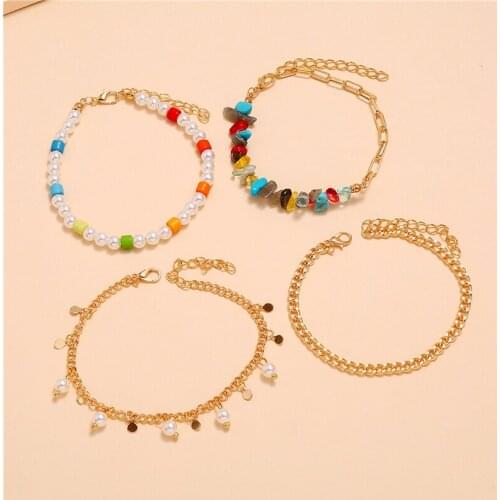 4Pcs/Set Sweet Bead Anklets Chain Woemn Anklet Bracelet Set Bohemian Gold Chain Anklet Bracelets Fashion Jewelry Cheville