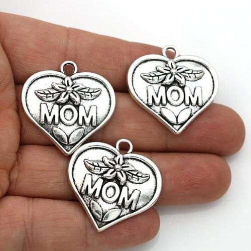 JAKONGO 5PCS Antique Silver Plated Mom Heart Charms Pendants for Jewelry Making DIY Handmade Accessories