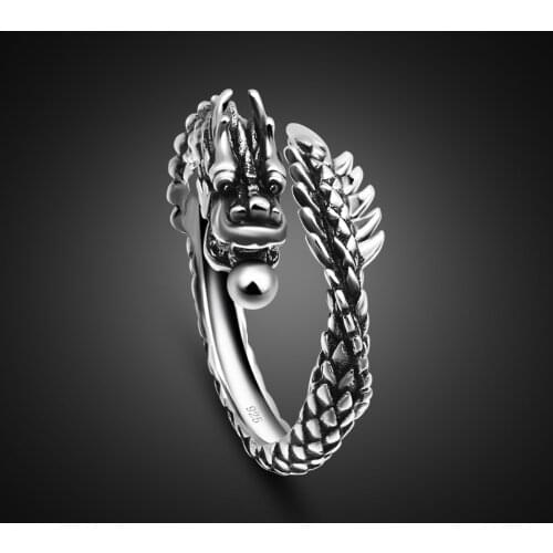 Vintage Chinese style Fashion Dragon Ring Man 100% 925 Sterling Silver Width Ring Personality Thai Tilver Ring Woman Jewelry